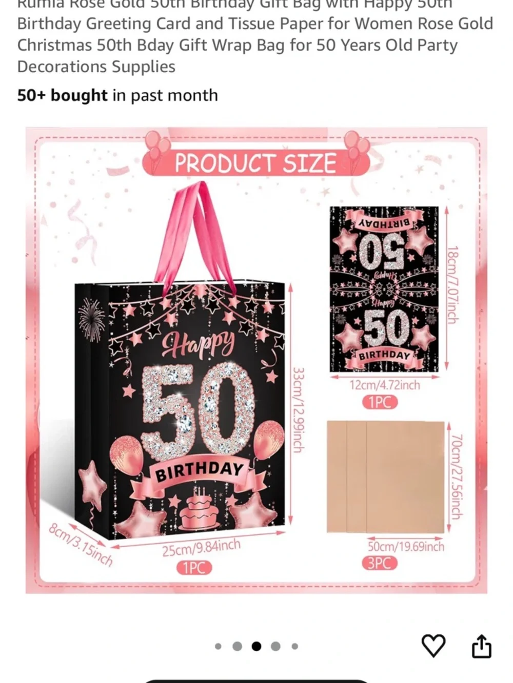 Amazon Pink and Black 50th Happy Birthday Gift Bag with Matching Card